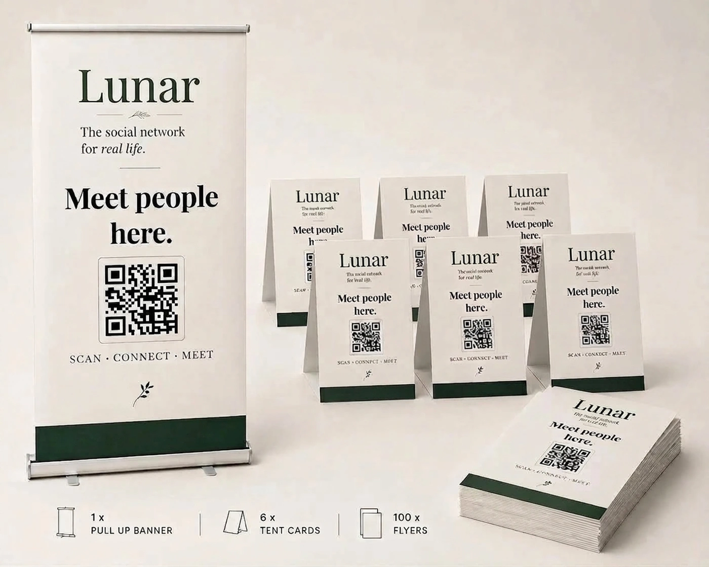 Lunar networking and event bundle with pull-up banner, tent cards and flyers
