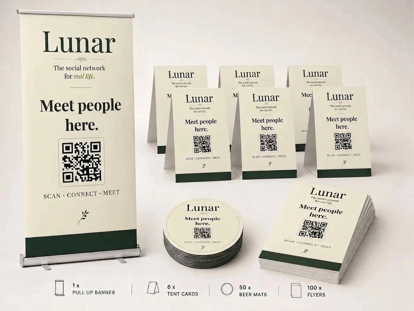 Lunar pub and bar bundle with pull-up banner, tent cards, beer mats and flyers