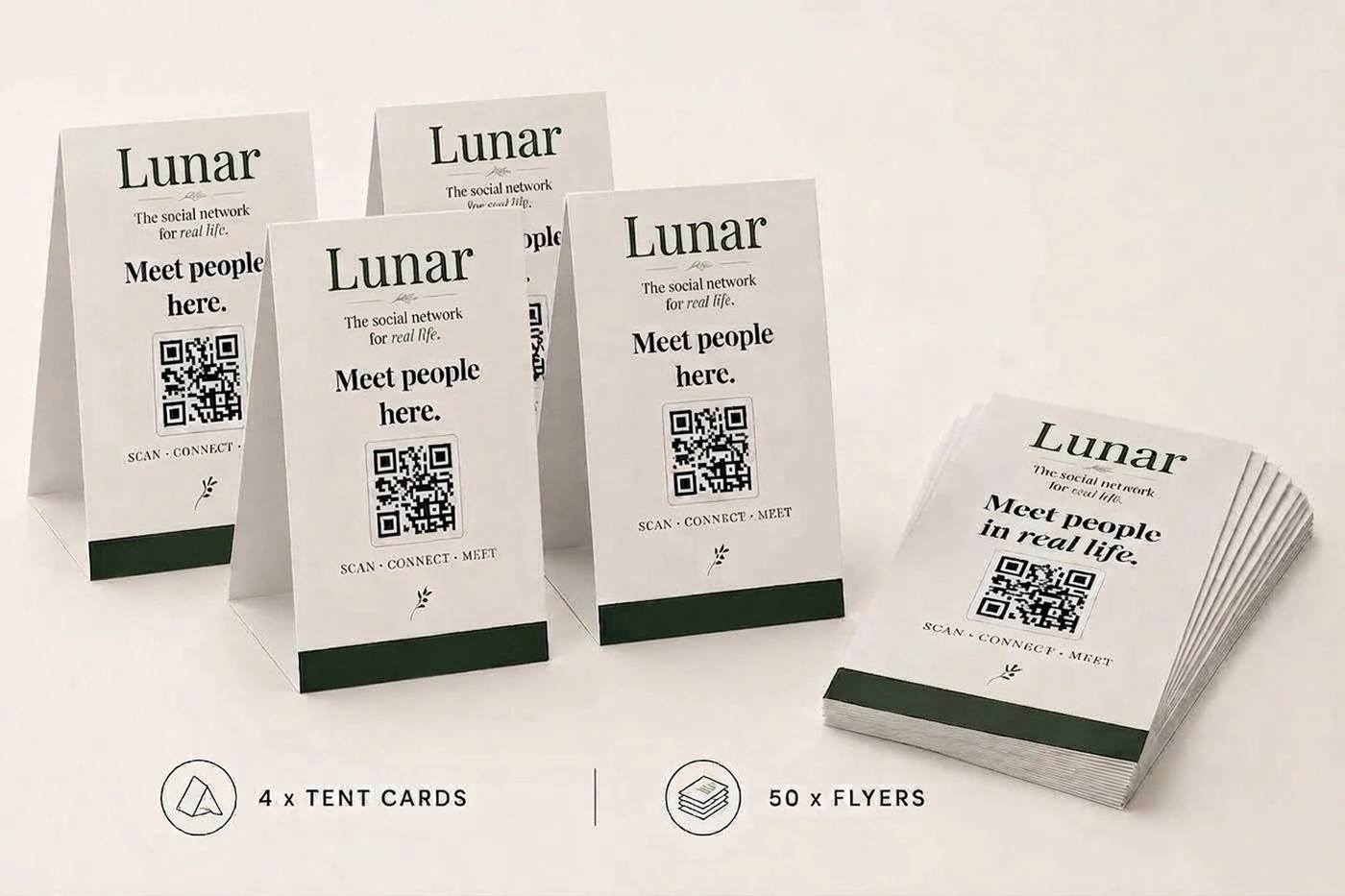 Lunar starter bundle with four tent cards and fifty flyers