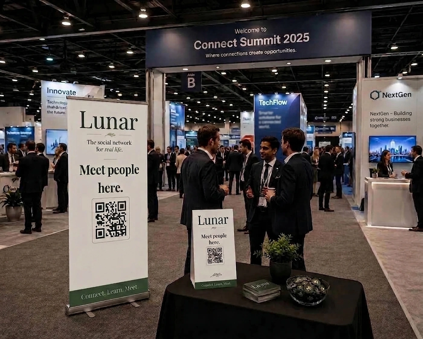 Illustrative Lunar branding at a conference and networking event